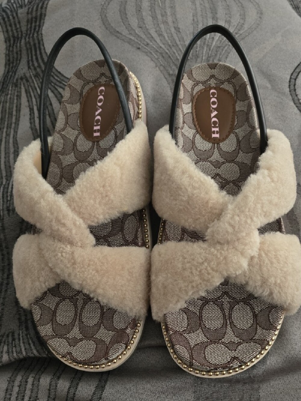 Coach Beige Shearling Cross-Strap Logo Slide Sandals - Picture 2 of 4